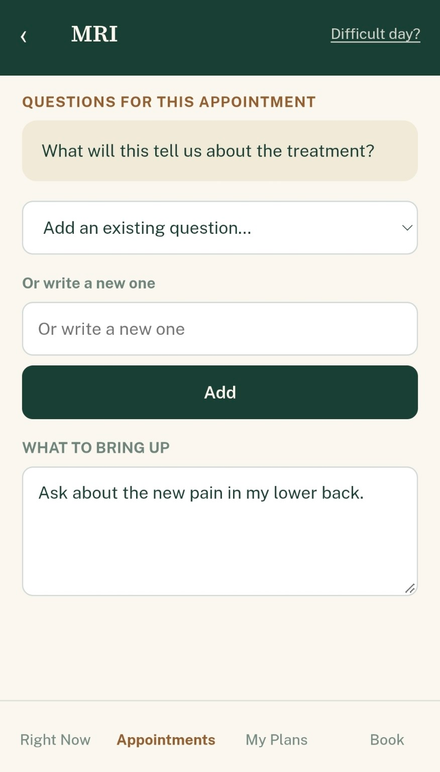 Companion App appointment preparation screen with a question, a place to add another, and notes to raise at the appointment.