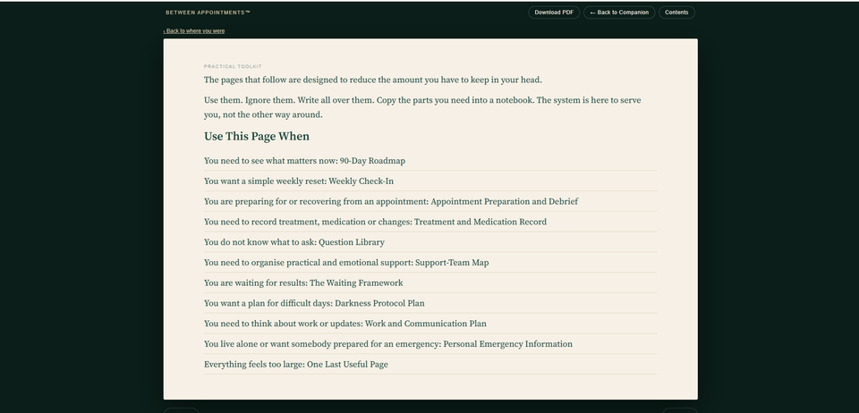 Practical Toolkit open to the Use This Page When guide, listing resources for different needs.